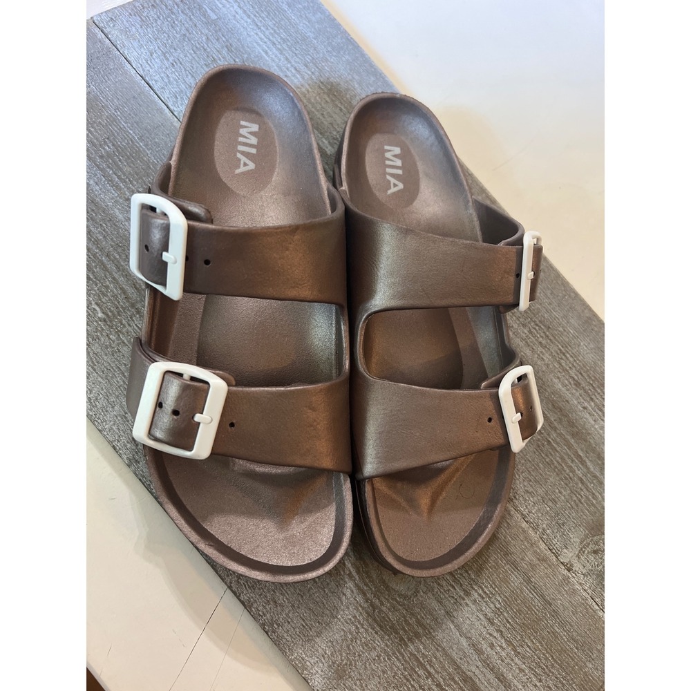 MIA‎ Bronze Slides - White Buckle Accents - Comfortable Sandals